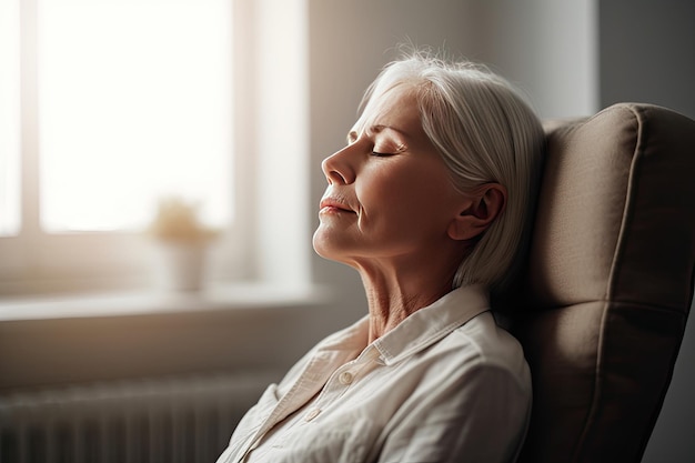 A woman sitting in a chair with her eyes closed Generative Ai