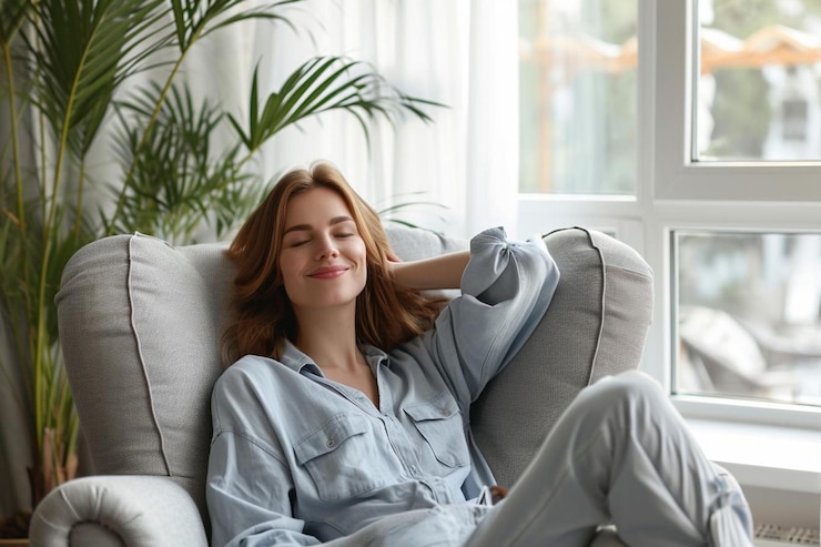 Photo a woman sitting in a chair with her eyes closed