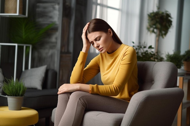 a woman sitting in a chair with her head in her hands