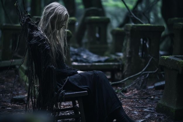 a woman sitting on a chair in the woods