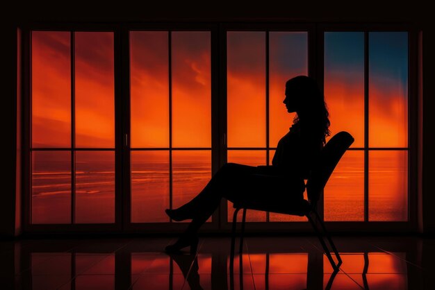 A woman sitting in a comfortable armchair next to a large window with a view