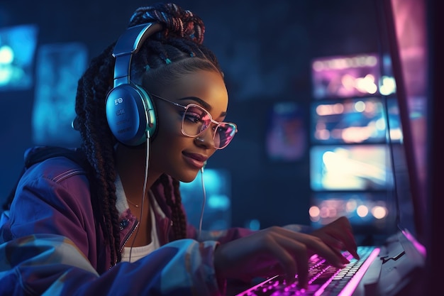 コンピューターデスクに座ってゲームをする女性