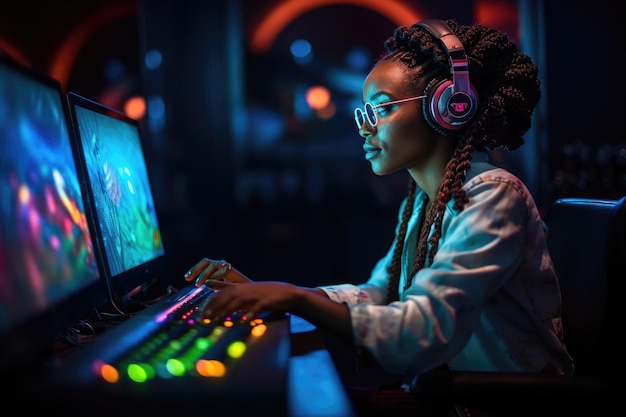 Woman sitting at computer desk and playing games