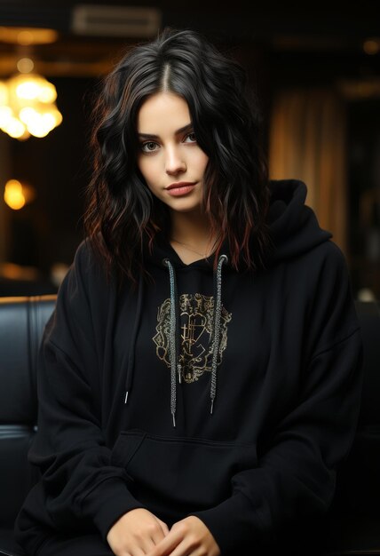 Woman Sitting on Couch in Black Hoodie