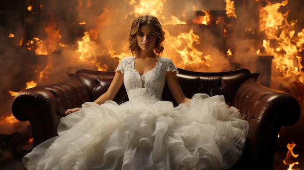 Woman Sitting on Couch in Front of Fire