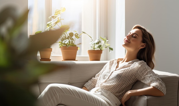 A woman sitting on a couch in front of a window