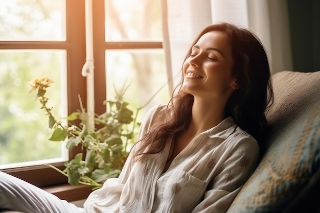 Photo a woman sitting on a couch gazing out of a window lost in her thoughts