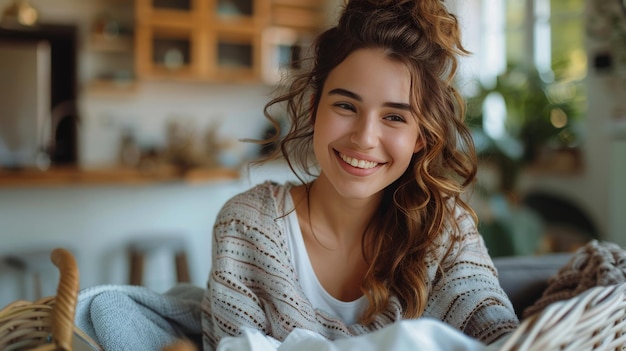 Photo woman sitting on couch holding basket