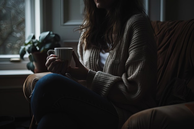 A woman sitting on a couch holding a coffee cup