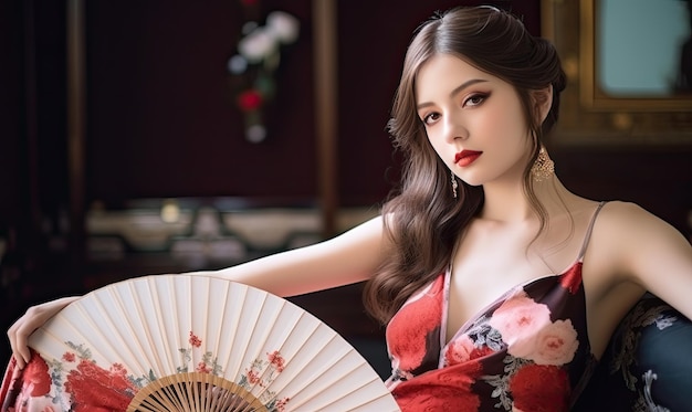 A woman sitting on a couch holding a fan