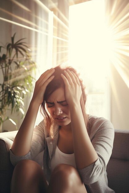 a woman sitting on a couch holding her head