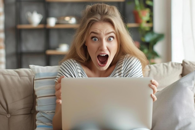 a woman sitting on a couch holding a laptop