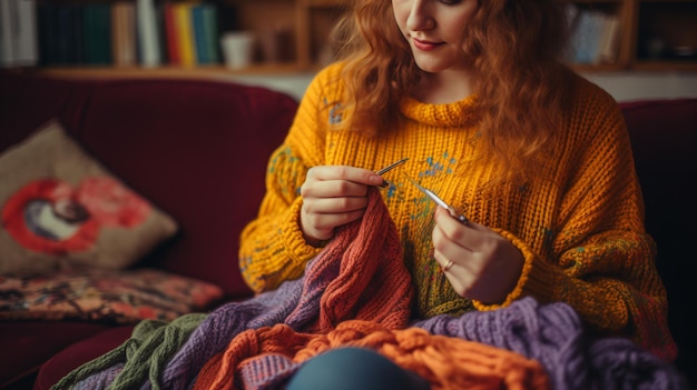 Photo a woman sitting on a couch holding a pair of scissors