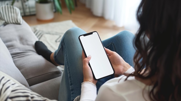 Woman sitting on couch holding smart