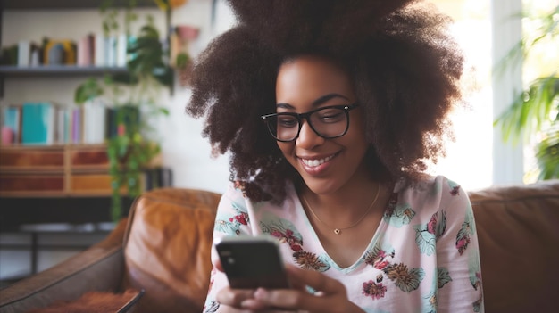 Woman sitting on couch looking at