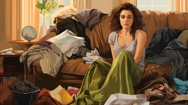 Photo a woman sitting on a couch in a messy room generative ai