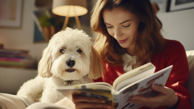 Photo woman sitting on a couch reading a book with her dog suitable for lifestyle and leisure concepts