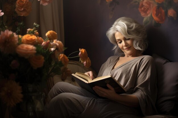 a woman sitting on a couch reading a book