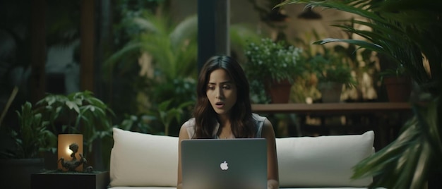 a woman sitting on a couch using a laptop computer