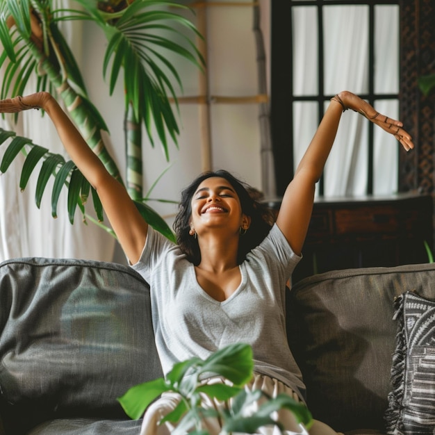 Photo woman sitting on a couch with her arms up in the air generative ai