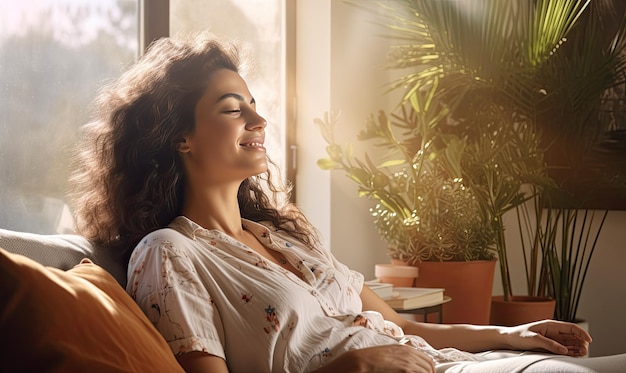 Photo a woman sitting on a couch with her eyes closed