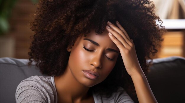 a woman sitting on a couch with her head in her hands