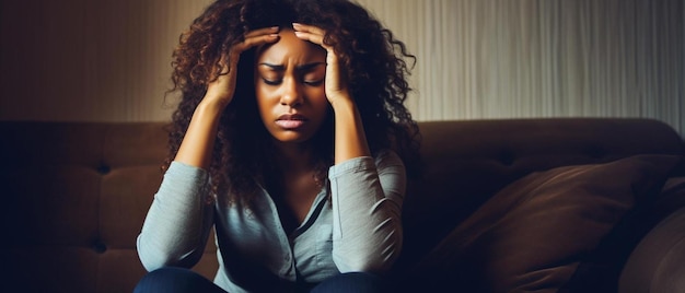 a woman sitting on a couch with her head in her hands