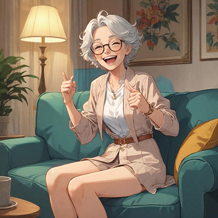 Photo 一個女人坐在沙發上,嘴裡有個<unk>匙