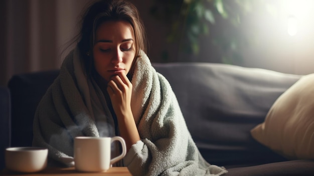 A woman sitting on a couch wrapped in a blanket