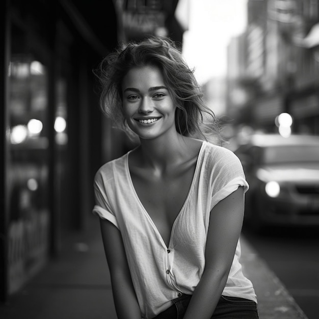 a woman sitting on a curb in front of a building.