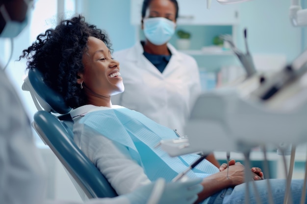 歯科医の椅子に座っている女性診療所で歯科医に会う