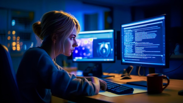 Woman sitting at desk in front of computer monitor and keyboard Generative AI