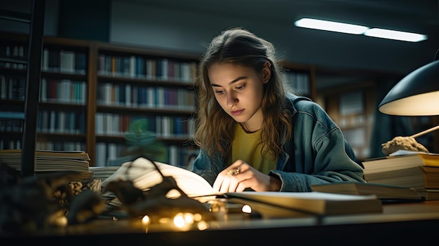 Женщина сидит за столом в библиотеке и читает книгу Всемирный день книги