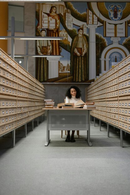 Foto una donna seduta a una scrivania in una biblioteca