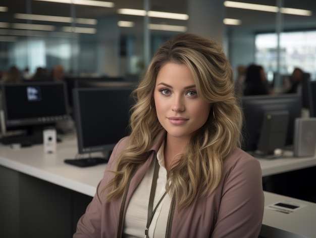 a woman sitting at a desk in an office