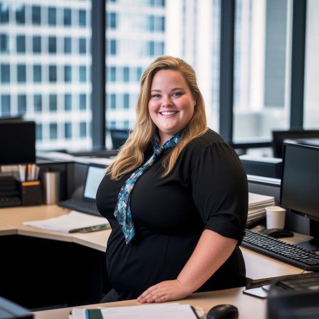 Photo a woman sitting at a desk in an office