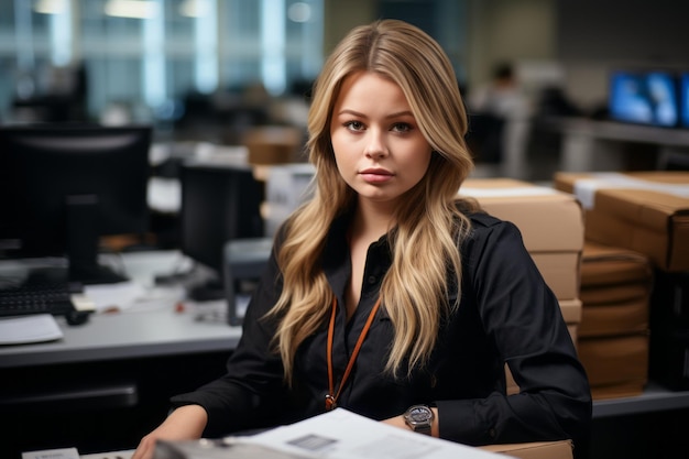 a woman sitting at a desk in an office