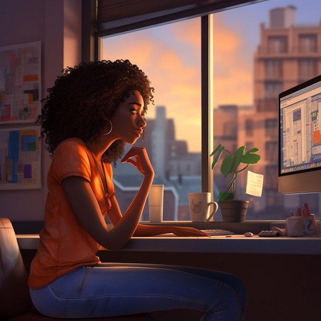 Женщина сидит за столом с компьютером и генеративным искусственным интеллектом растений