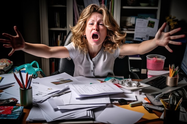 Photo a woman sitting at a desk with her hands out