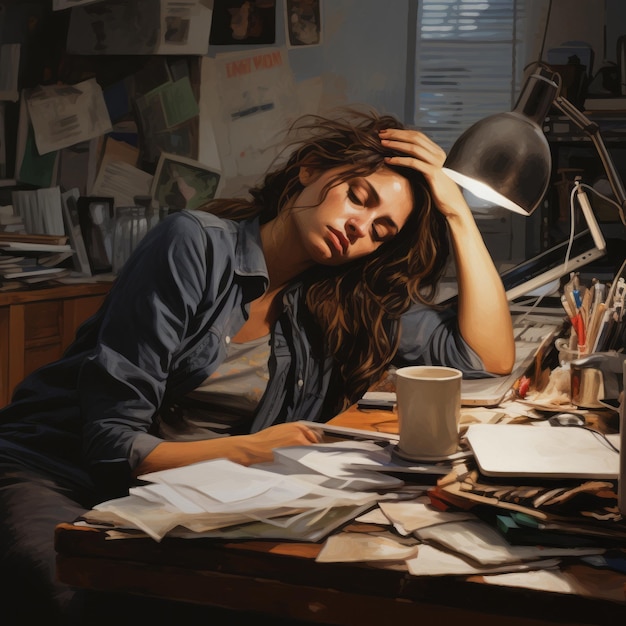 a woman sitting at desk with lamp and pile of papers