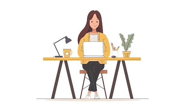a woman sitting at a desk with a laptop and a coffee cup