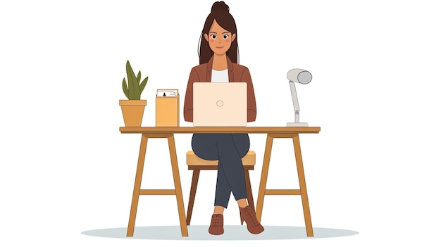 a woman sitting at a desk with a laptop and a plant