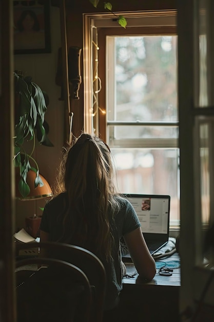 Photo woman sitting at desk with laptop