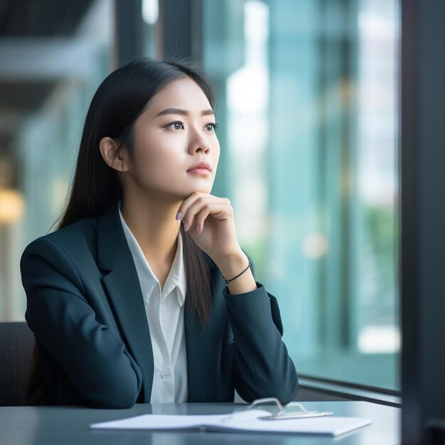 Photo a woman sitting at a desk with a paper on her chin