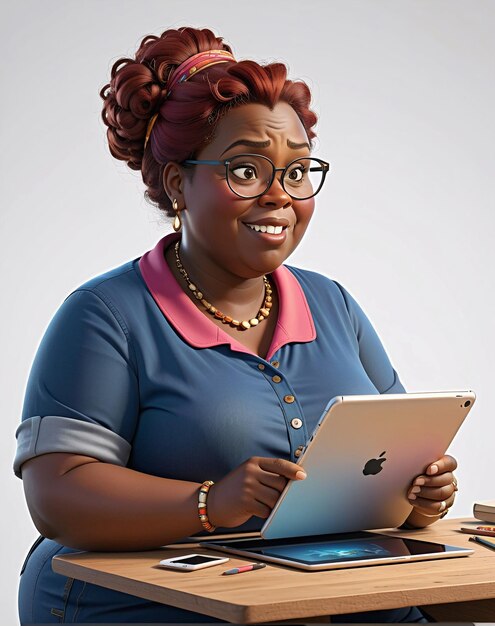 a woman sitting at a desk with a tablet