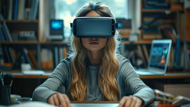 Woman Sitting at Desk With Virtual Headset