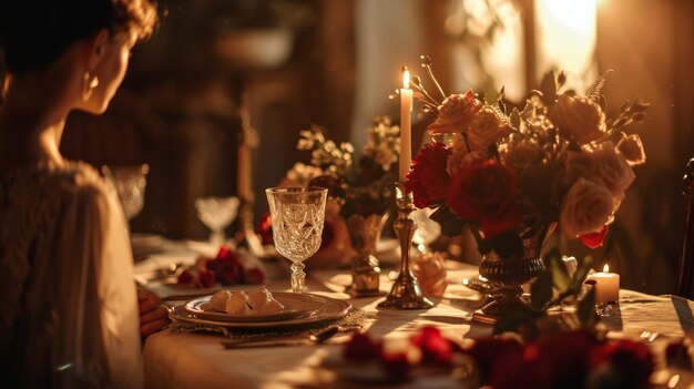 Foto donna seduta al tavolo da pranzo con le candele di san valentino