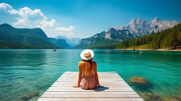 Foto una donna seduta su un molo che si affaccia su un lago