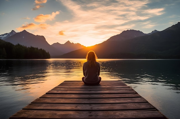 A woman sitting on a dock watching the sunset over a mountain range