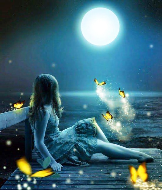 A woman sitting on a dock with butterflies flying around her